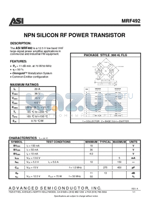 MRF492 datasheet - NPN SILICON RF POWER TRANSISTOR