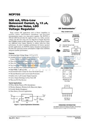 NCP705 datasheet - 500 mA, Ultra-Low Quiescent Current, IQ 13 A, Ultra-Low Noise, LDO Voltage Regulator