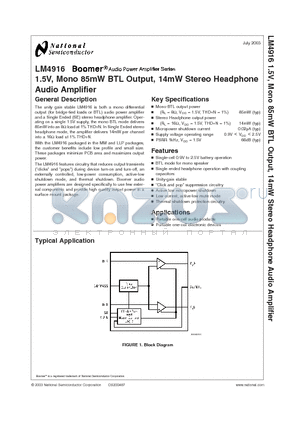 LM4916MM datasheet - 1.5V, Mono 85mW BTL Output, 14mW Stereo Headphone Audio Amplifier