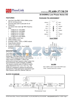PL680-37OC-R datasheet - 38-640MHz Low Phase Noise XO
