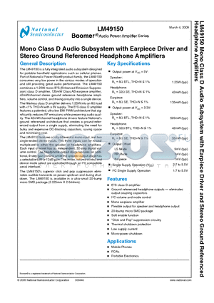 LM49150 datasheet - Mono Class D Audio Subsystem with Earpiece Driver and Stereo Ground Referenced Headphone Amplifiers