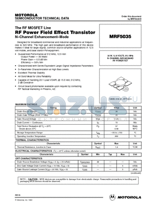 MRF5035 datasheet - N-CHANNEL BROADBAND RF POWER FET