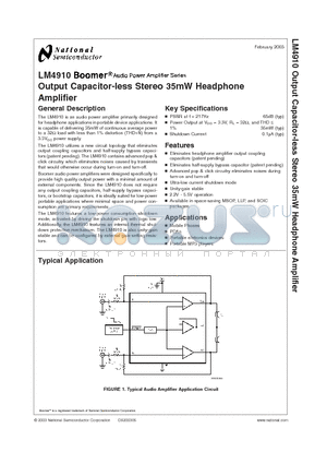 LM4910 datasheet - Output Capacitor-less Stereo 35mW Headphone Amplifier