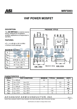 MRF5003 datasheet - VHF POWER MOSFET