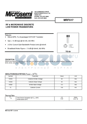 MRF517 datasheet - RF & MICROWAVE DISCRETE LOW POWER TRANSISTORS