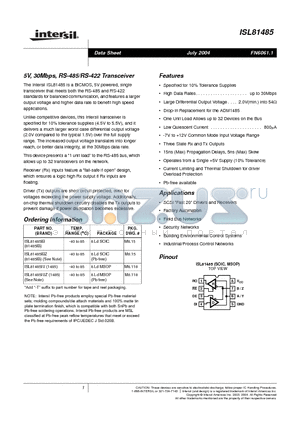 ISL81485IUZ datasheet - 5V, 30Mbps, RS-485/RS-422 Transceiver