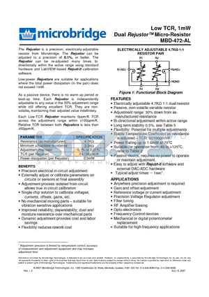 MBD-902-AL datasheet - Low TCR, 1mW Dual Rejustor Micro-Resistor