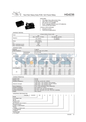 HG4236/120A-2H01CF datasheet - Two Pole Heavy Duty PCB / QC Power Relay