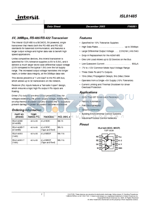 ISL81485IU-T datasheet - 5V, 30Mbps, RS-485/RS-422 Transceiver