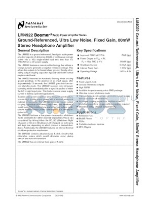 LM4922 datasheet - Ground-Referenced, Ultra Low Noise, Fixed Gain, 80mW Stereo Headphone Amplifier