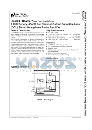 LM4924SD datasheet - 2 Cell Battery, 40mW Per Channel Output Capacitor-Less(OCL) Stereo Headphone Audio Amplifier