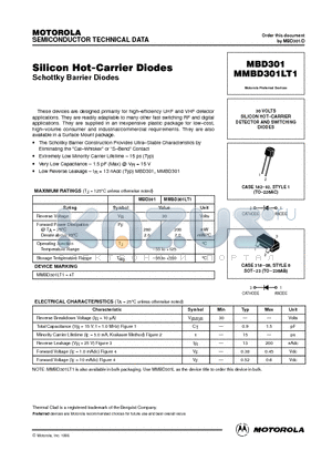 MBD301LT1 datasheet - 30 VOLTS SILICON HOT.CARRIER DETECTOR AND SWITCHING DIODES