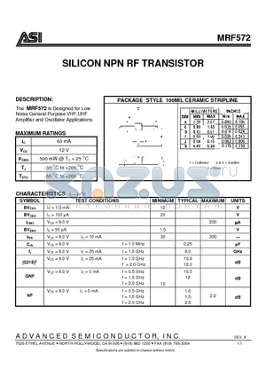 MRF572 datasheet - SILICON NPN RF TRANSISTOR