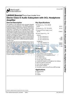 LM4949TL datasheet - Stereo Class D Audio Subsystem with OCL Headphone
