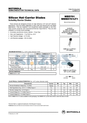 MBD701 datasheet - SILICON HOT-CARRIER DETECTOR AND SWITCHING DIODES