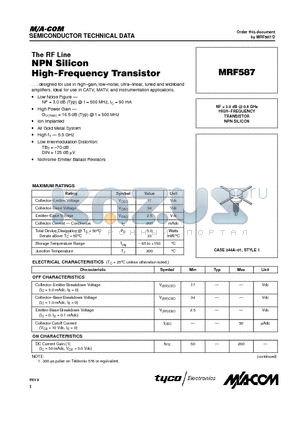MRF587 datasheet - HIGH-FREQUENCY TRANSISTOR NPN SILICON