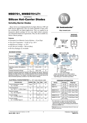 MBD701G datasheet - Silicon Hot-Carrier Diodes Schottky Barrier Diodes