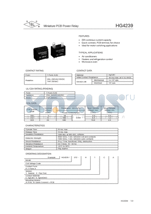 HG4239/005-H1CA datasheet - Miniature PCB Power Relay
