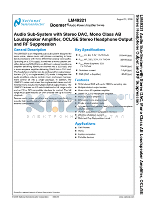 LM49321 datasheet - Audio Sub-System with Stereo DAC, Mono Class AB Loudspeaker Amplifier, OCL/SE Stereo Headphone Output and RF Suppression