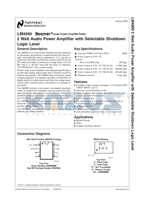 LM4990MM datasheet - 2 Watt Audio Power Amplifier with Selectable Shutdown Logic Level