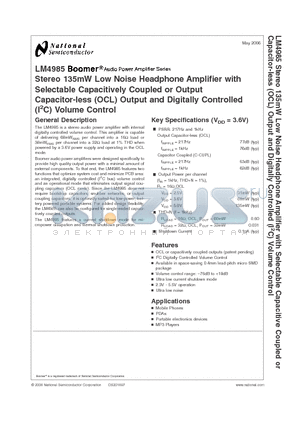 LM4985 datasheet - Stereo 135mW Low Noise Headphone Amplifier with Selectable Capacitively Coupled or Output Capacitor-less (OCL) Output and Digitally Controlled (I2C) V