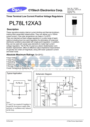 PL78L12AA3 datasheet - Three Terminal Low Current Positive Voltage Regulators