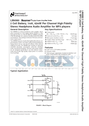 LM4980 datasheet - 2 Cell Battery, 1mA, 42mW Per Channel High Fidelity Stereo Headphone Audio Amplifier for MP3 players