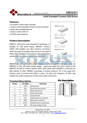 MBI5001CD datasheet - 8 BIT CONSTANT CURRENT LED DRIVER