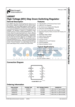 LM5007MMX datasheet - High Voltage (80V) Step Down Switching Regulator