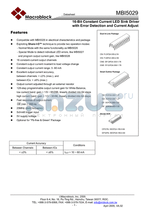 MBI5029CPA datasheet - 16-Bit Constant Current LED Sink Driver with Error Detection and Current Adjust