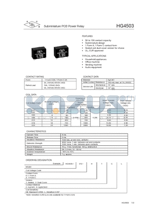 HG4503/005-Z1CL datasheet - Subminiature PCB Power Relay