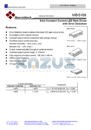 MBI5169 datasheet - 8 bit CONSTANT CURRENT LED SINK DRIVER WITH ERROR DETECTION