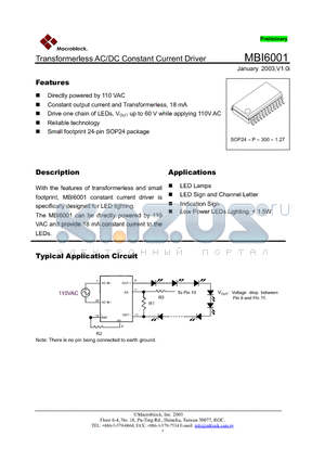 MBI6001N1D datasheet - TRANSFORMERLESS AC / DC CONSTANT CURRENT DRIVER