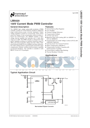 LM5020SDX-1 datasheet - 100V Current Mode PWM Controller