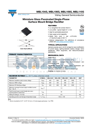 MBL110S datasheet - Miniature Glass Passivated Single-Phase Surface Mount Bridge Rectifier