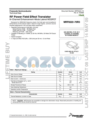 MRF6522--70R3 datasheet - RF Power Field Effect Transistor N-Channel Enhancement-Mode Lateral MOSFET