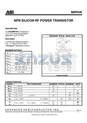 MRF648 datasheet - NPN SILICON RF POWER TRANSISTOR