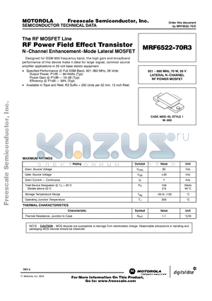 MRF6522-70R3 datasheet - RF Power Field Effect Transistor