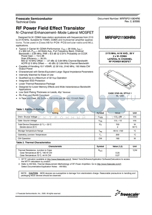 MRF6P21190HR6 datasheet - RF Power Field Effect Transistor, N-Channel Enhancement-Mode Lateral MOSFET