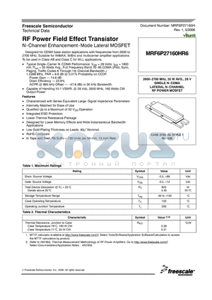 MRF6P27160H datasheet - RF Power Field Effect Transistor N-Channel Enhancement-Mode Lateral MOSFET