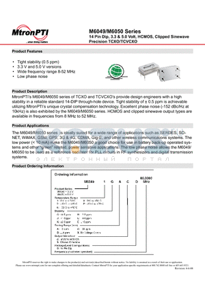 M60491GCCD datasheet - 14 Pin Dip, 3.3 & 5.0 Volt, HCMOS, Clipped Sinewave Precision TCXO/TCVCXO