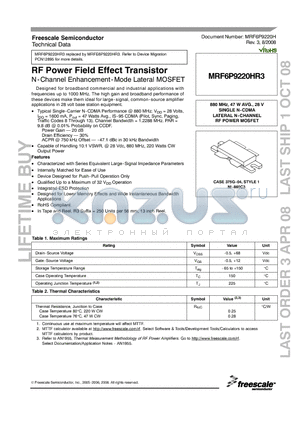MRF6P9220HR3 datasheet - RF Power Field Effect Transistor N-Channel Enhancement-Mode Lateral MOSFET