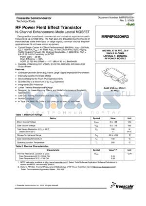 MRF6P9220HR3_06 datasheet - RF Power Field Effect Transistor N-Channel Enhancement-Mode Lateral MOSFET