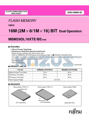 MBM29DL161BE-70PBT datasheet - FLASH MEMORY CMOS 16M (2M X 8/1M X 16) BIT Dual Operation