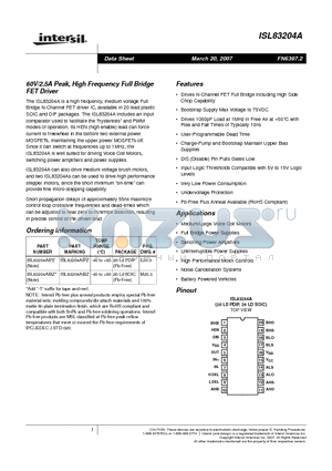 ISL83204AIPZ datasheet - 60V/2.5A Peak, High Frequency Full Bridge FET Driver