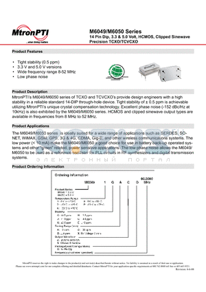 M60491HBSD datasheet - 14 Pin Dip, 3.3 & 5.0 Volt, HCMOS, Clipped Sinewave Precision TCXO/TCVCXO