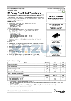 MRF6S18100NBR1 datasheet - RF Power Field Effect Transistors N-Channel Enhancement-Mode Lateral MOSFETs