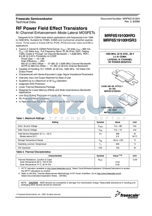 MRF6S19100HSR3 datasheet - RF Power Field Effect Transistors