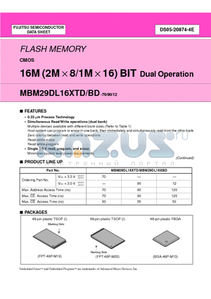 MBM29DL162TE70PFTN datasheet - 16M (2M x 8/1M x 16) BIT Dual Operation