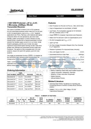 ISL83384EIA datasheet - a15kV ESD Protected, 3V to 5.5V, 1 Microamp, 250Kbps, RS-232 Transmitter/Receiver